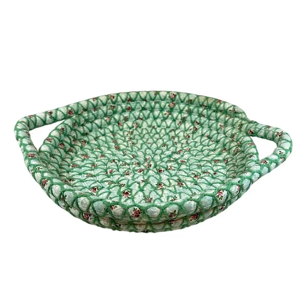 Woven Coiled Fabric Bread Bun Basket Handles Green Floral Rustic Shabby Chic